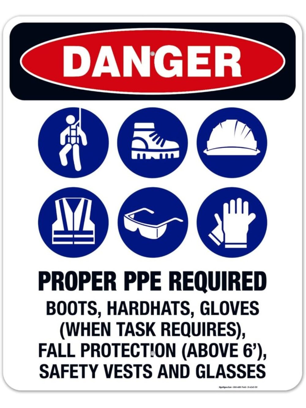 Safety Sign: Proper PPE Required - Boots, Hard Hats, Gloves & Fall Protection